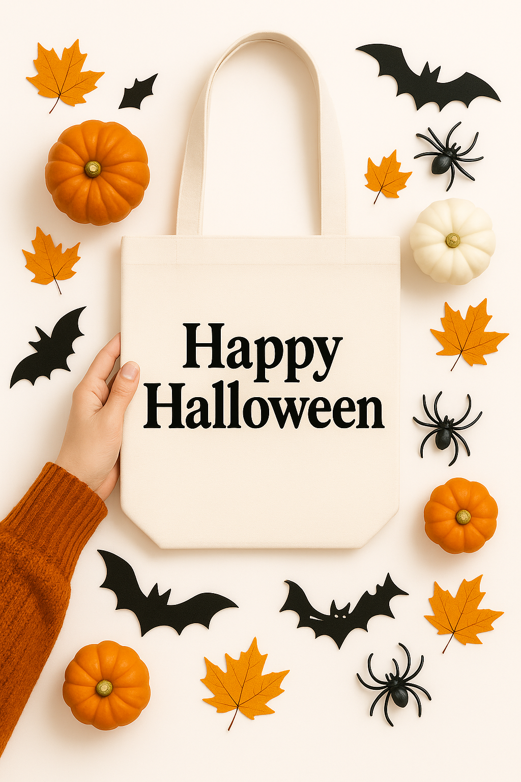 White Canvas Bag Mockup PNG with Halloween Décor