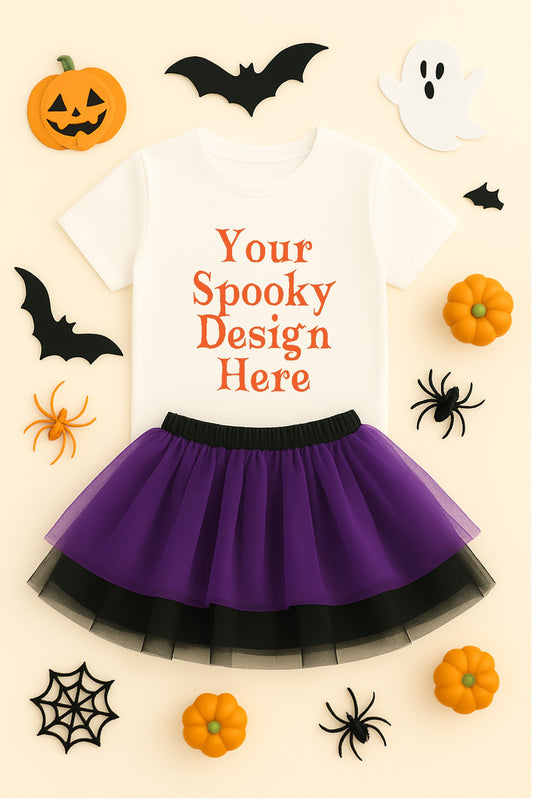 Halloween-themed outfit with a white shirt, purple skirt, and customizable text on a beige background with Halloween decorations.