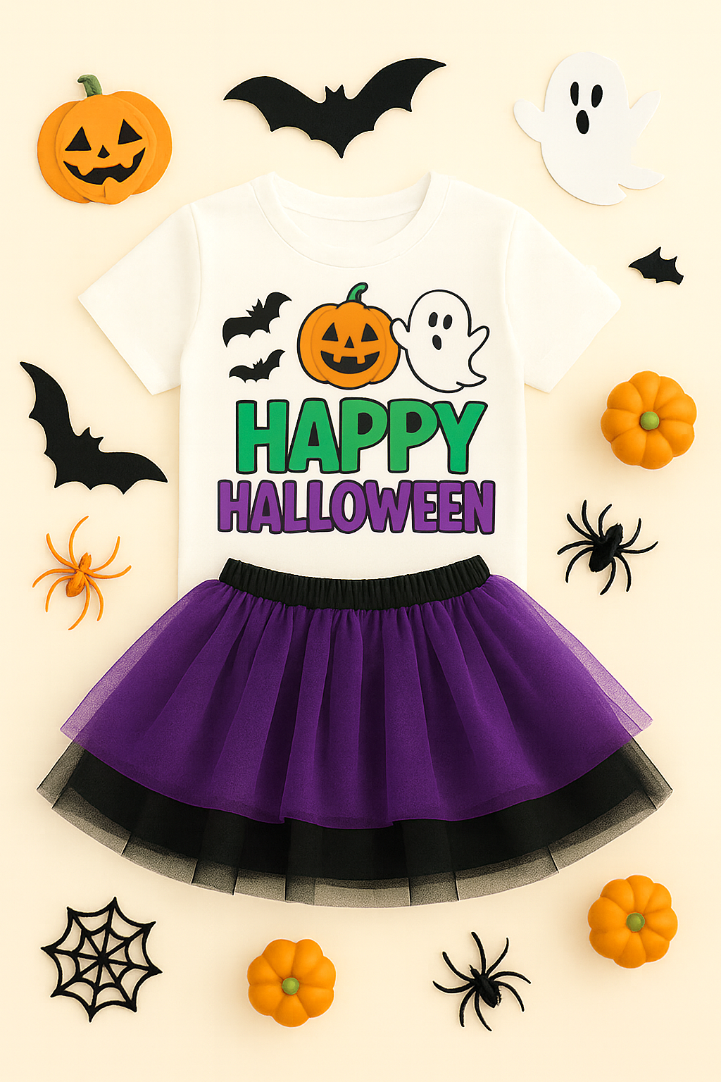 White Youth Shirt Mockup PNG with Halloween Décor