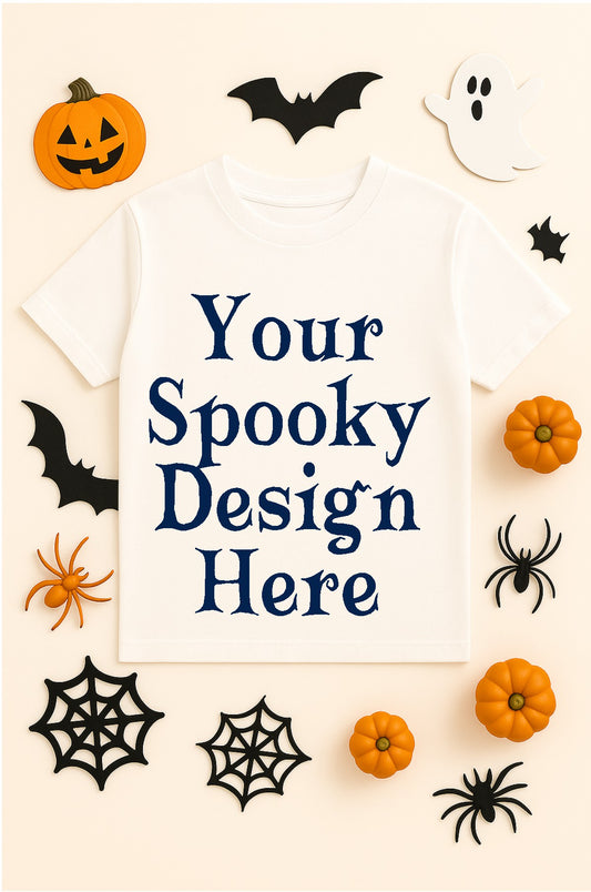 Halloween-themed design with pumpkins, ghosts, bats, and spider webs on a white background.