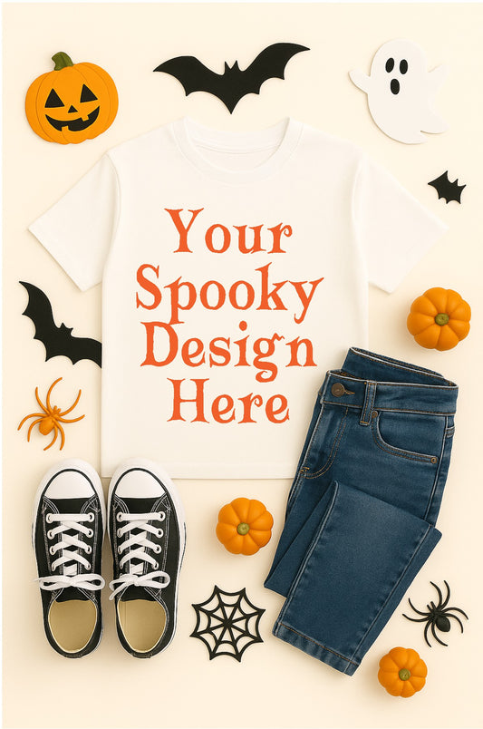 White Youth Shirt Mockup PNG with Halloween Décor