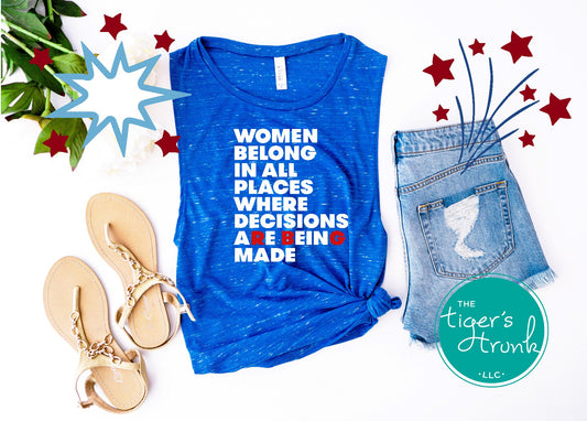 Marbled royal blue feminist muscle tank with white and red quote text, styled with denim shorts, flip-flops, and 4th of July fireworks, women’s rights shirt