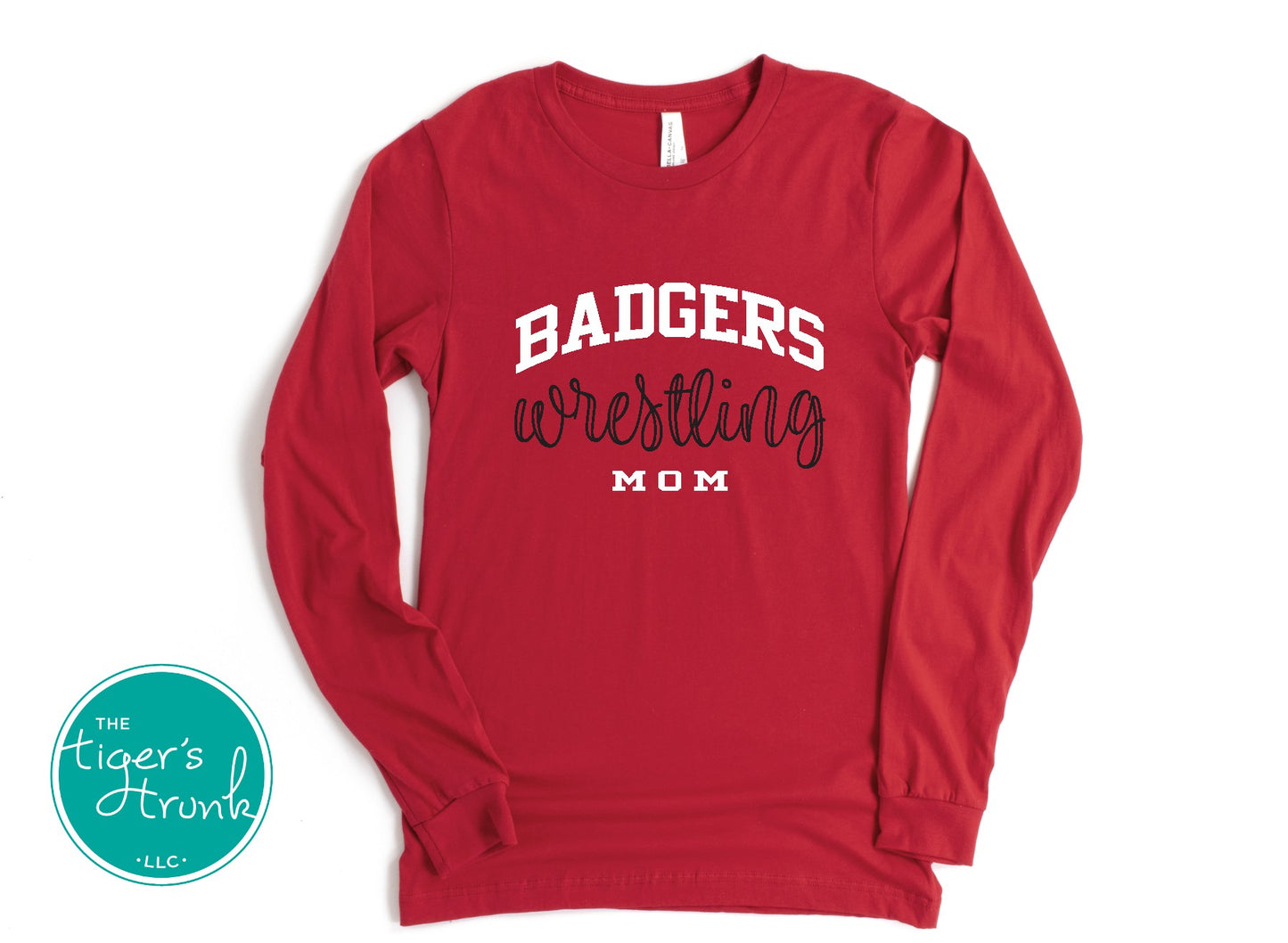 Red long-sleeve shirt with 'Badgers Wrestling Mom' text on a white background