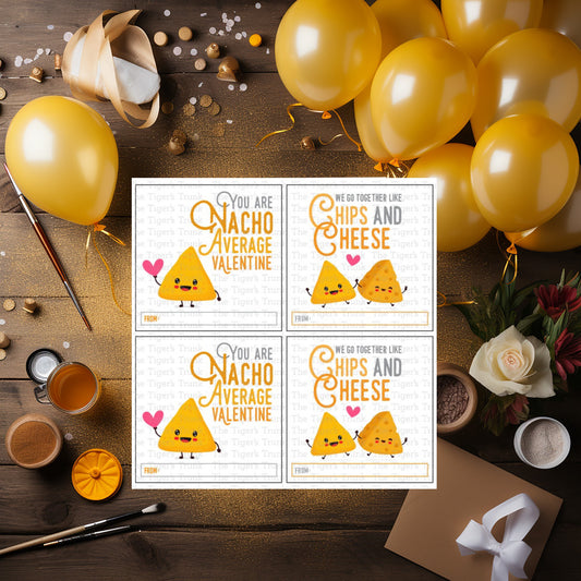 Nacho and chip-themed Valentine tags with phrases like "You Are Nacho Average Valentine," perfect for treat bags.