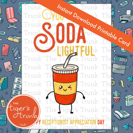 Printable Receptionist Appreciation Card – You Are Soda Lightful, Instant Download PDF, Drink-Themed Thank You Gift