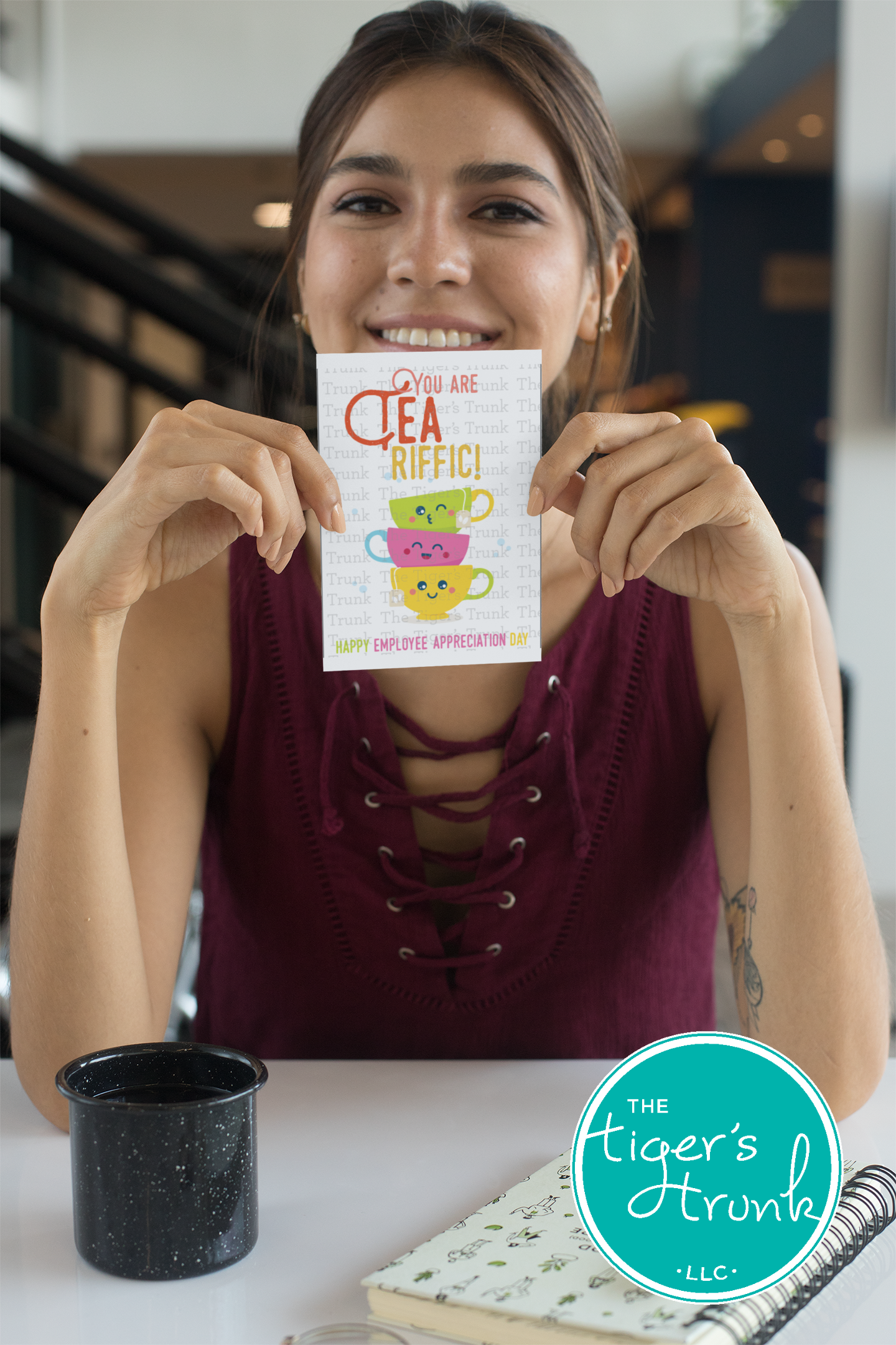 Printable employee appreciation card featuring a tea-themed design with You Are Tea-Riffic! Happy Employee Appreciation Day! message