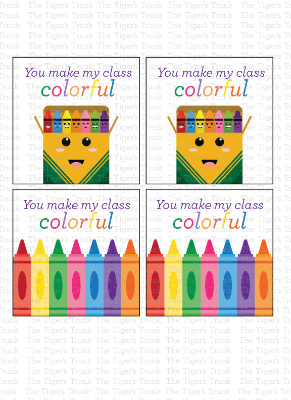 Back-to-school cards with a crayon theme featuring the message "You Make My Class Colorful," perfect for teachers to welcome students.