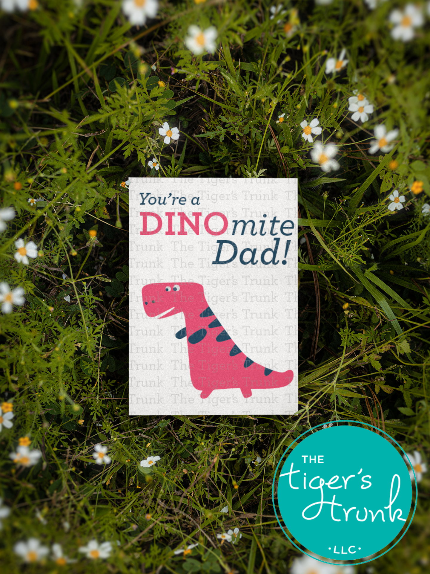 Father’s Day printable card with dinosaur pun "You're a DINOmite Dad!" for kids to give to dad, instant download