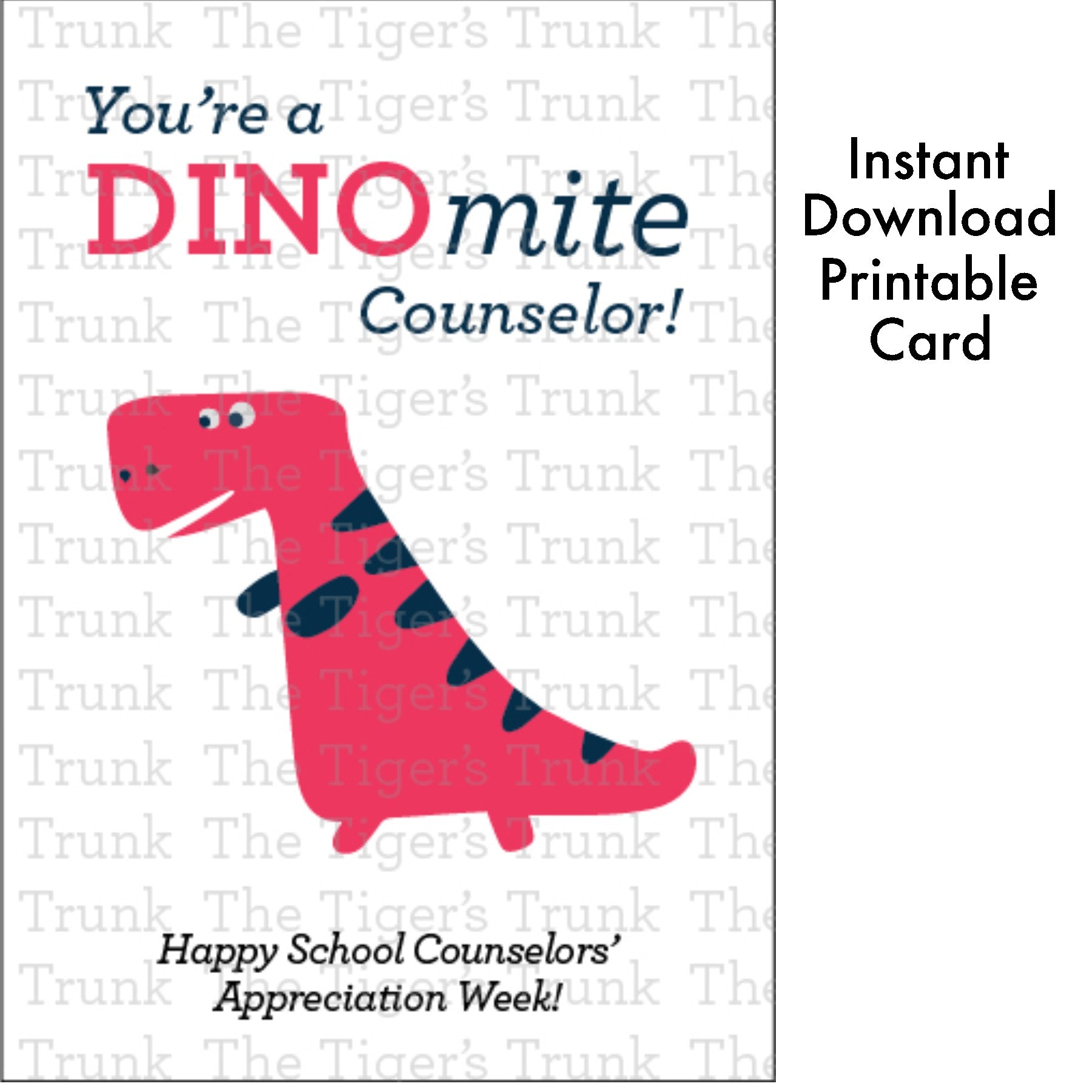 Printable dinosaur-themed counselor appreciation card with a fun thank-you message, perfect for school counselors.