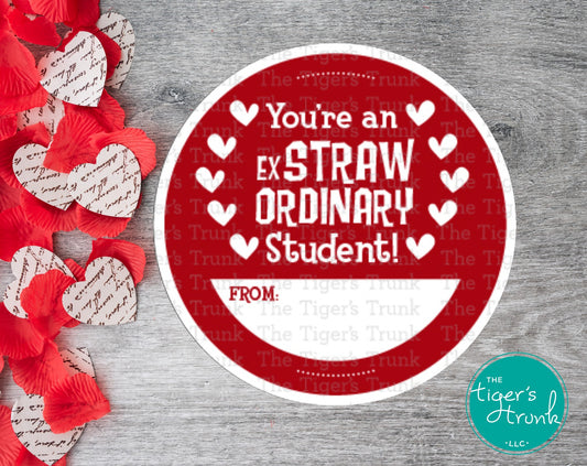 Printable crazy straw-themed Valentine’s cards for students featuring "You're an ExSTRAWordinary Student." Perfect for teacher appreciation gifts. Instant download.