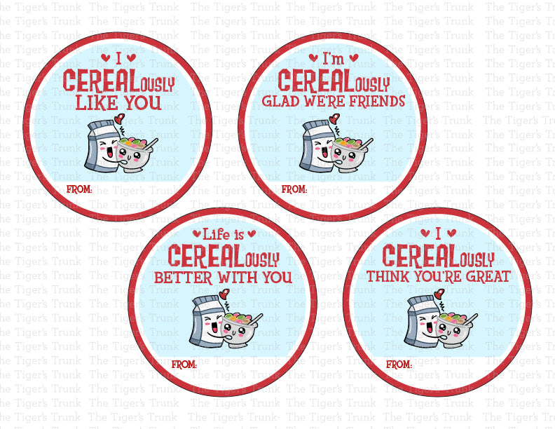 Printable round cereal-themed Valentine’s cards featuring fun messages like "I CEREALously Like You" and "Life is CEREALously Better with You."