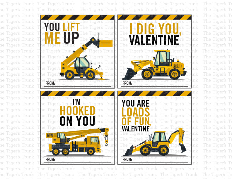 Digital download construction-themed Valentine tags featuring 8 square designs with trucks and excavators on one printable page.