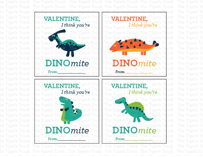 Printable Valentine tags with colorful dinosaur designs and the phrase "Valentine, I Think You’re DINOmite!" Perfect for kids, instant download.