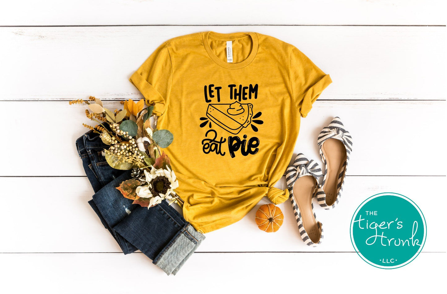 Mustard yellow Let Them Eat Pie shirt styled with jeans and fall decor, cozy Thanksgiving tee