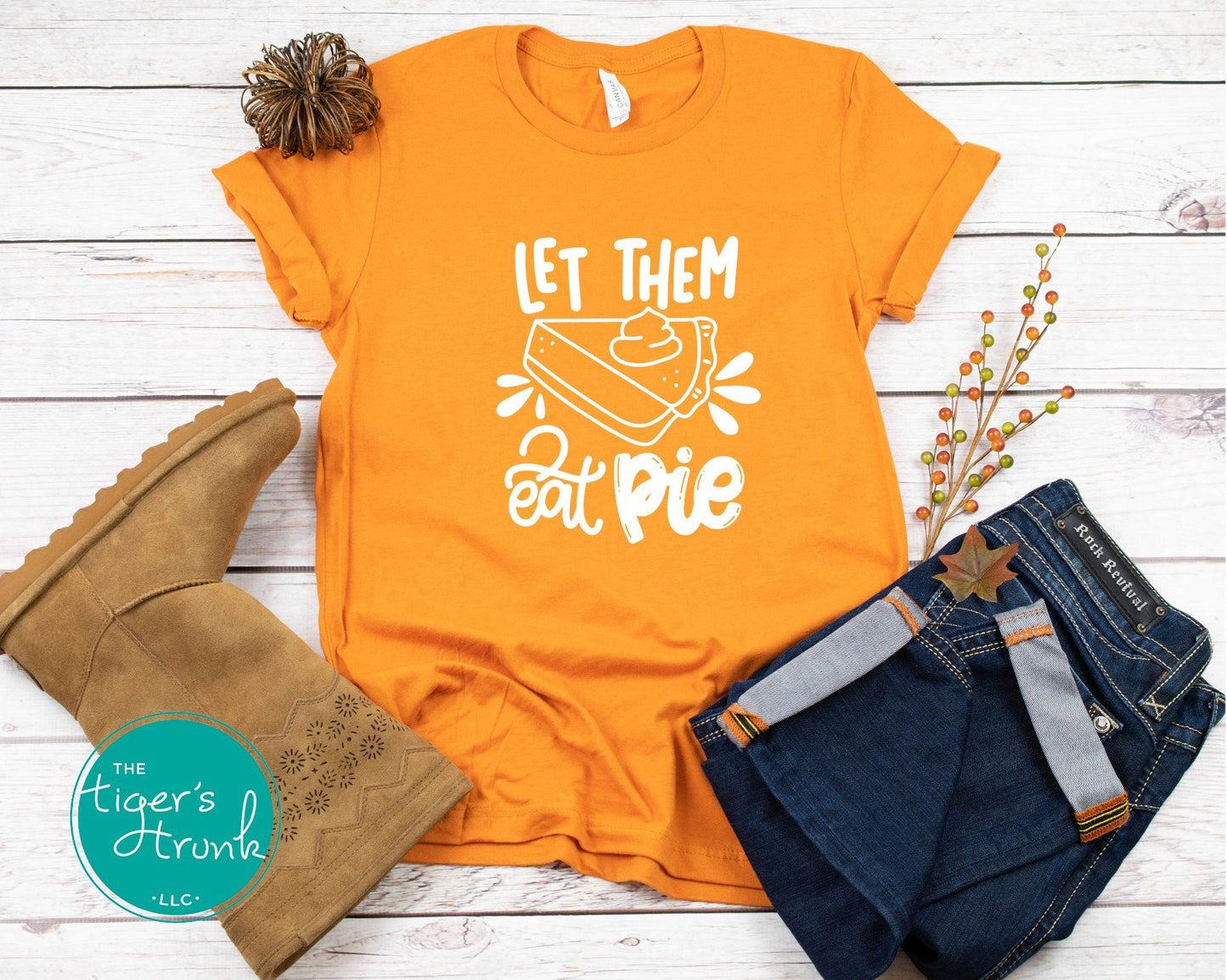 Orange Let Them Eat Pie shirt styled with jeans and fall decor, cozy Thanksgiving tee