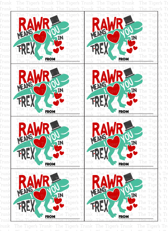 Printable Valentine’s cards featuring a T-Rex graphic and the phrase Rawr Means I Love You in T-Rex, perfect for kids.
