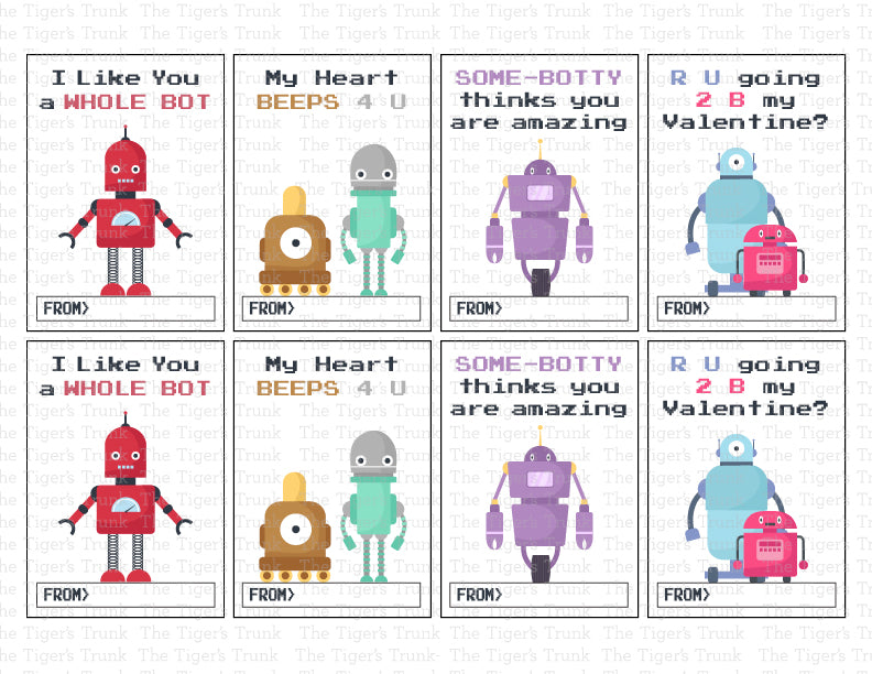 Robot-themed Valentine cards, an instant download set with four unique designs perfect for kids who love STEM and robotics.