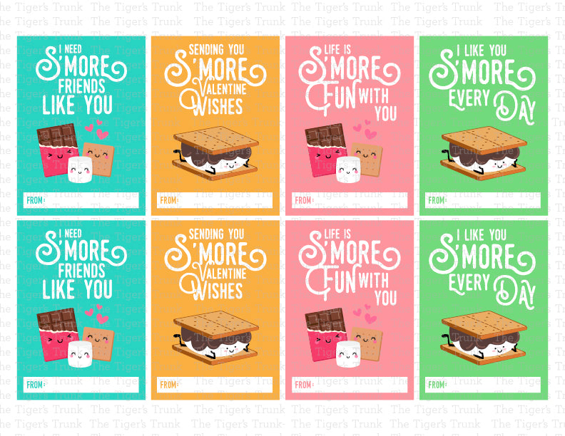 Printable s'more-themed Valentine’s cards featuring messages like "I Need S'More Friends Like You."