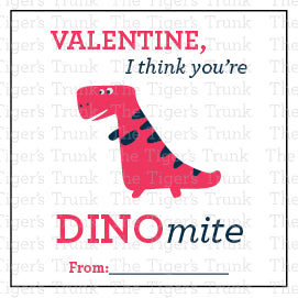 Printable Valentine tags with colorful dinosaur designs and the phrase "Valentine, I Think You’re DINOmite!" Perfect for kids, instant download.