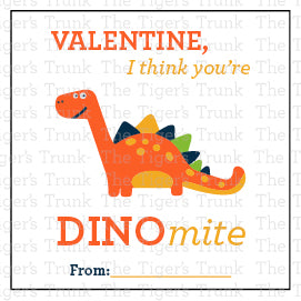Printable Valentine tags with colorful dinosaur designs and the phrase "Valentine, I Think You’re DINOmite!" Perfect for kids, instant download.