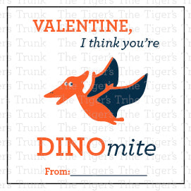 Printable Valentine tags with colorful dinosaur designs and the phrase "Valentine, I Think You’re DINOmite!" Perfect for kids, instant download.
