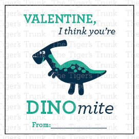 Printable Valentine tags with colorful dinosaur designs and the phrase "Valentine, I Think You’re DINOmite!" Perfect for kids, instant download.