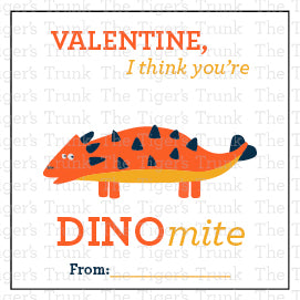 Printable Valentine tags with colorful dinosaur designs and the phrase "Valentine, I Think You’re DINOmite!" Perfect for kids, instant download.