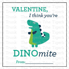 Printable Valentine tags with colorful dinosaur designs and the phrase "Valentine, I Think You’re DINOmite!" Perfect for kids, instant download.