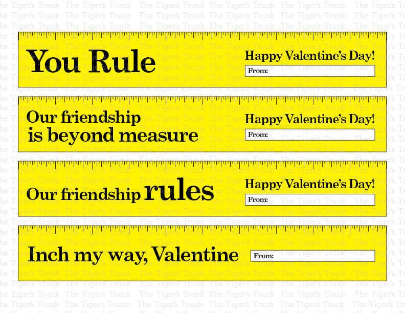 Printable ruler-themed Valentine’s cards featuring messages like "You Rule" and "Our Friendship is Beyond Measure."