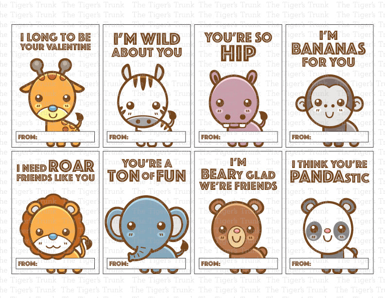 Printable Valentine cards with animal-themed puns, instant download, perfect for classroom Valentine gifts, non-candy treats, and party favors.