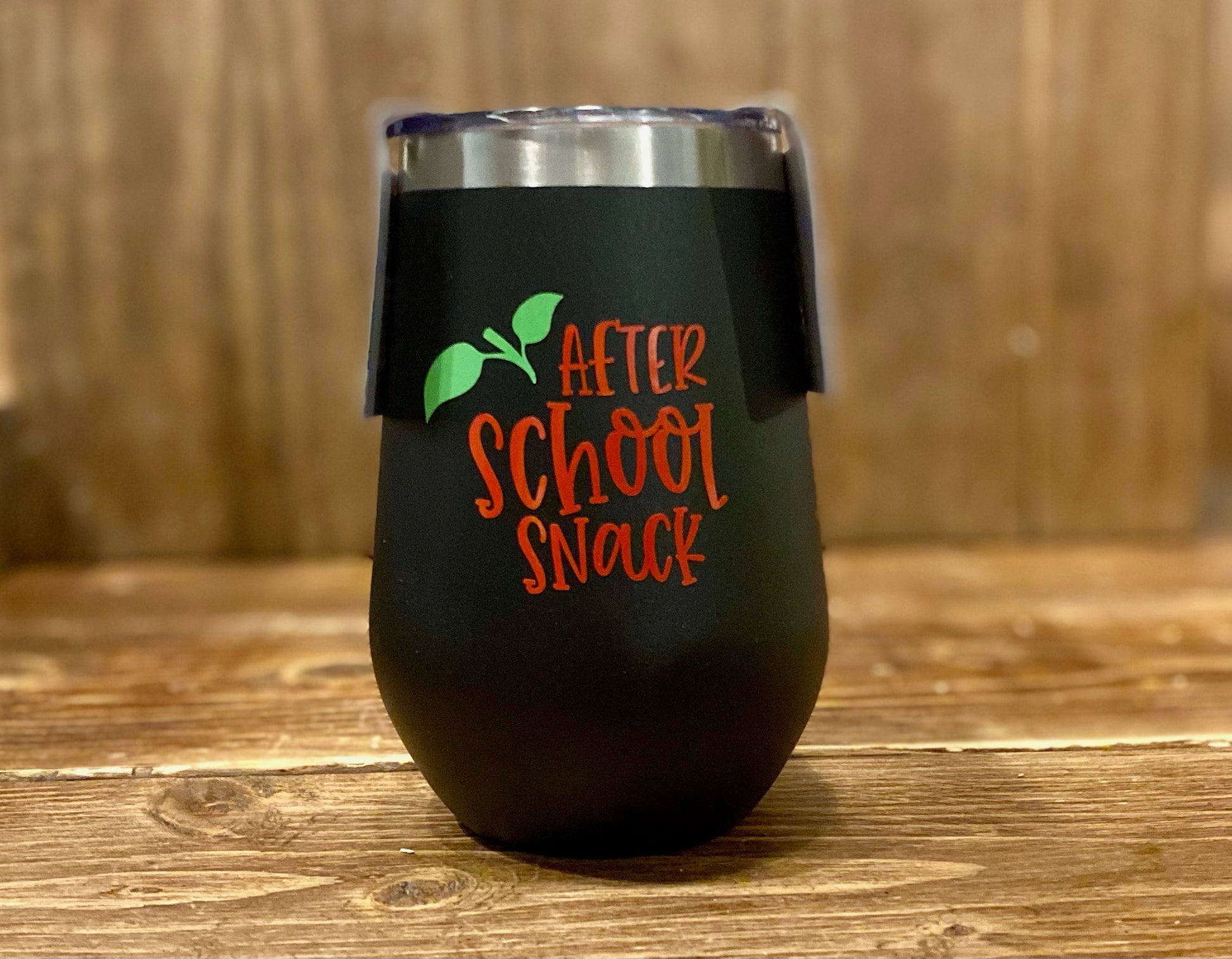 Stainless steel wine tumbler that says "After School Snack," with lid, 12 oz insulated gift for teachers and school staff