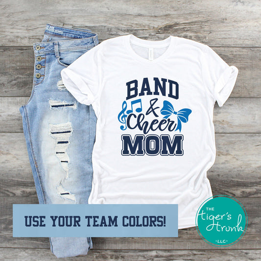 Custom Band and Cheer Mom shirt with bow and music note accents, personalized in school colors for spirited game day wear