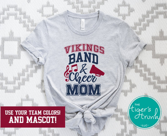 Band and Cheer Mom shirt personalized with megaphone and music notes design, school colors, and mascot name for spirited sideline style