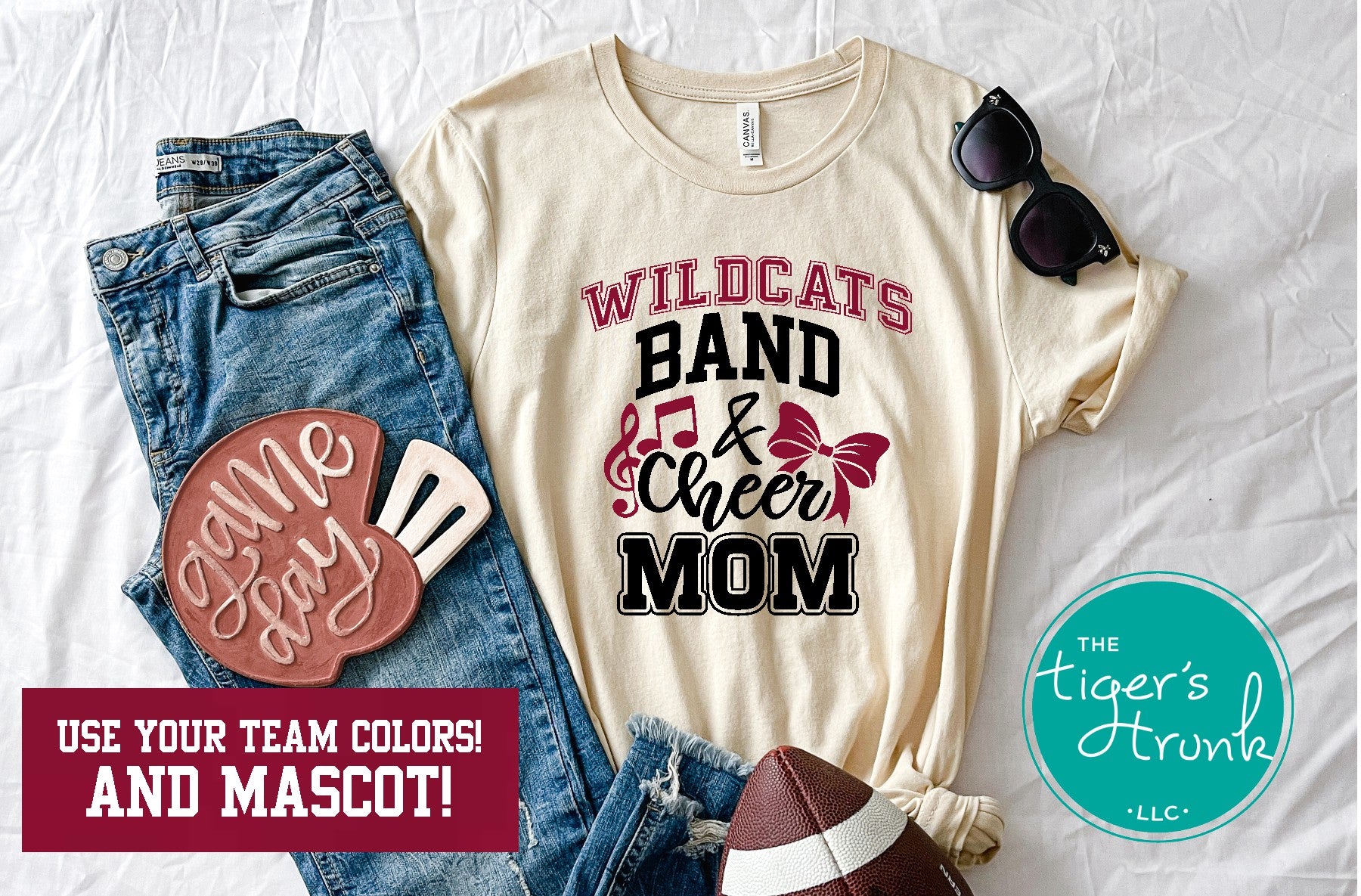 Custom Band and Cheer Mom shirt with bow and music notes, personalized in school colors and mascot name for spirited team support