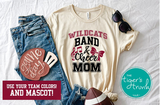 Custom Band and Cheer Mom shirt with bow and music notes, personalized in school colors and mascot name for spirited team support
