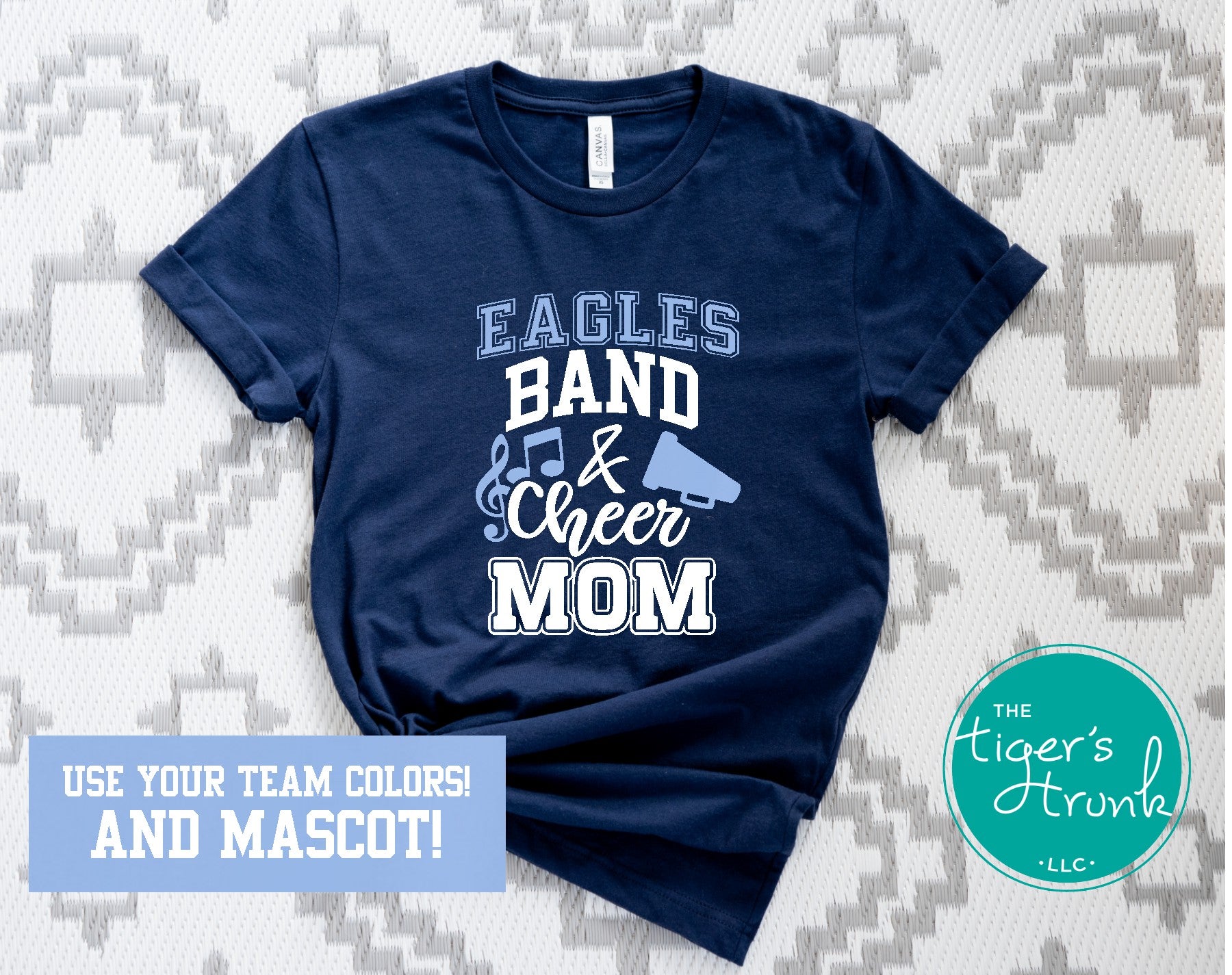 Band and Cheer Mom shirt personalized with megaphone and music notes design, school colors, and mascot name for spirited sideline style