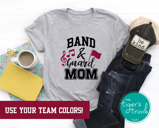 Custom Band and Guard Mom shirt with flag and music notes, personalized in school colors for spirited marching band and color guard support