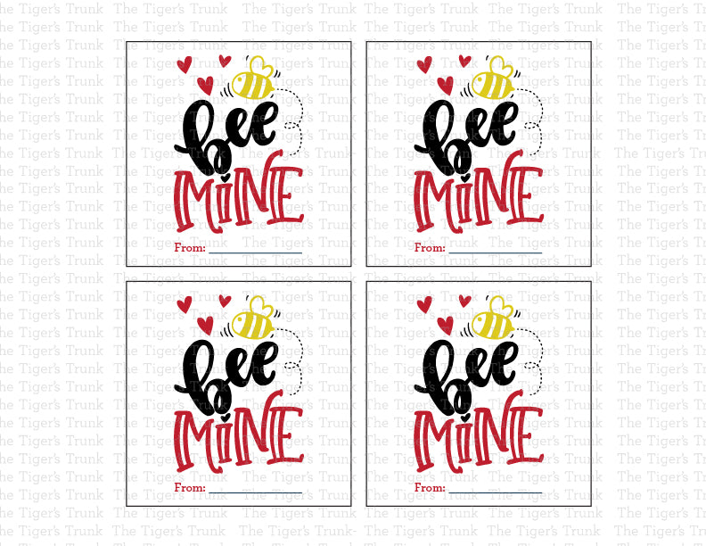 Valentine’s tags with a honey bee theme and the message "Bee Mine," perfect for treat bags and party favors.