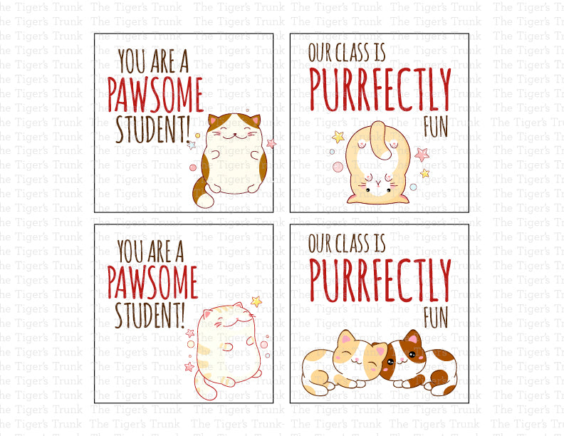 Valentine’s cards with cat-themed messages like "Our Class Is Purrfectly Fun" and "You Are a Pawsome Student."