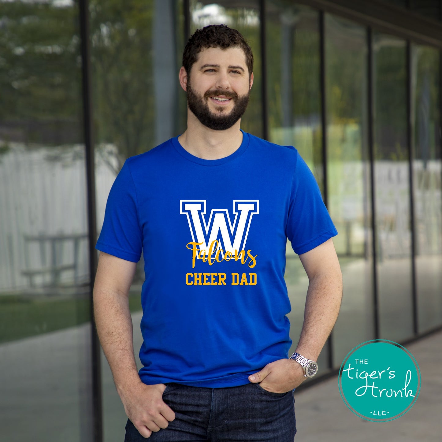 Royal Cheer Dad shirt customized for Falcons cheer team with school letters