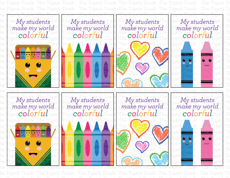 Crayon-themed Valentine cards for teachers to give to students, vibrant and colorful, available as an instant download.