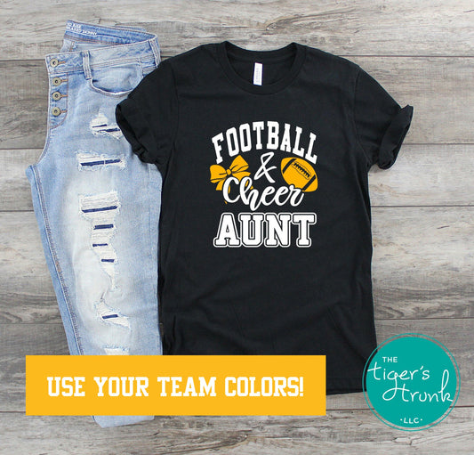 Custom Football and Cheer Aunt shirt with football and hairbow graphic, personalized with school colors and team mascot for spirit wear