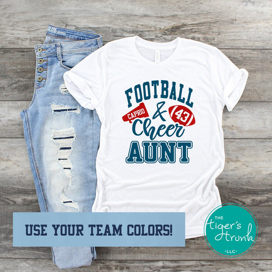 Football and Cheer Aunt shirt with megaphone and football, personalized with names and school colors for football and cheer game day support