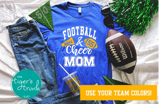 Custom Football and Cheer Mom shirt with megaphone and football, personalized with school colors, cheerleader name, and player number or name