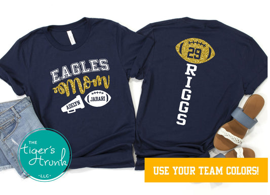 Custom football and cheer mom shirt with personalized mascot, football player, cheerleader, family surname, and jersey number