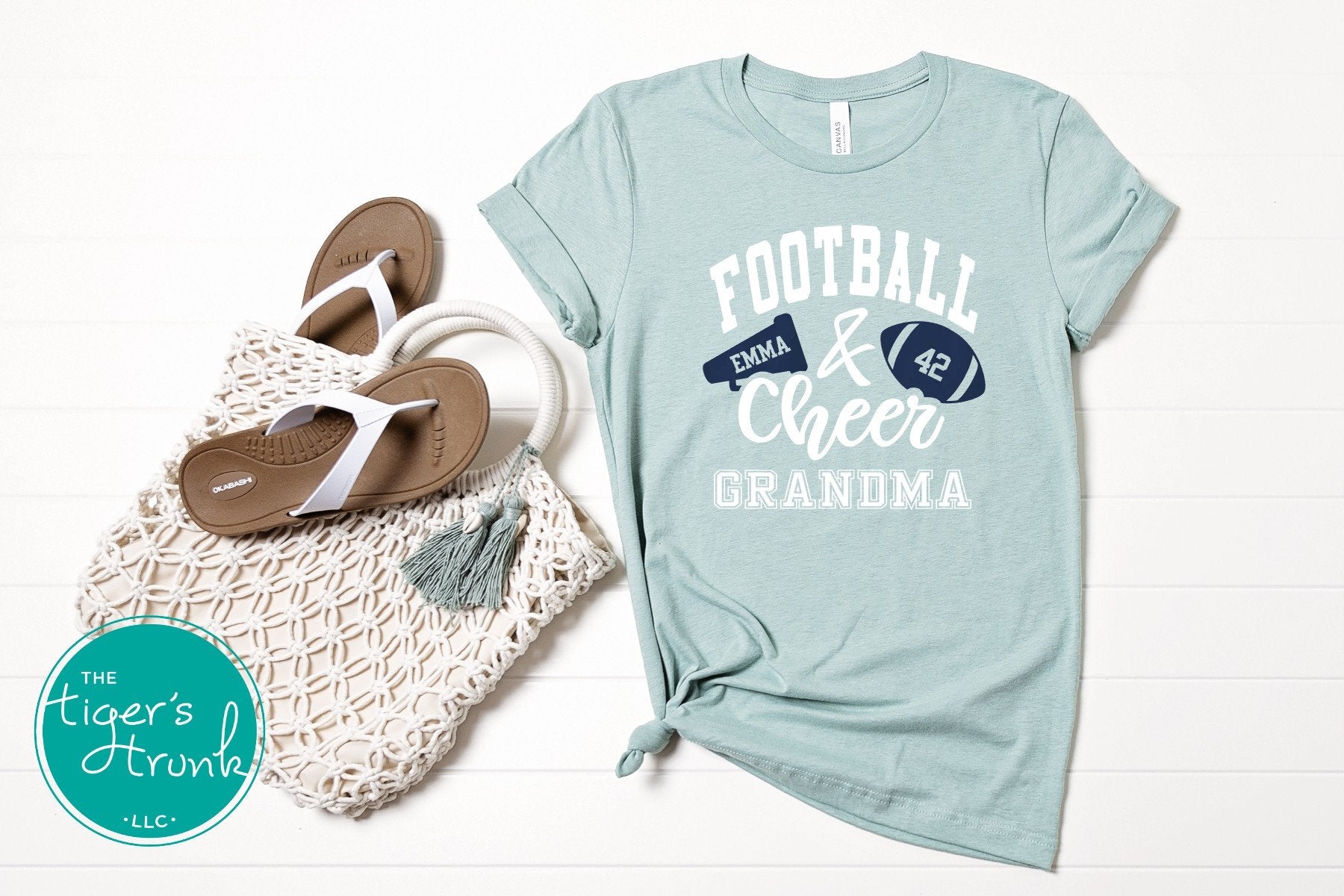 Football and Cheer Grandma shirt with megaphone and football design, customized with grandparent nickname, school colors, and names