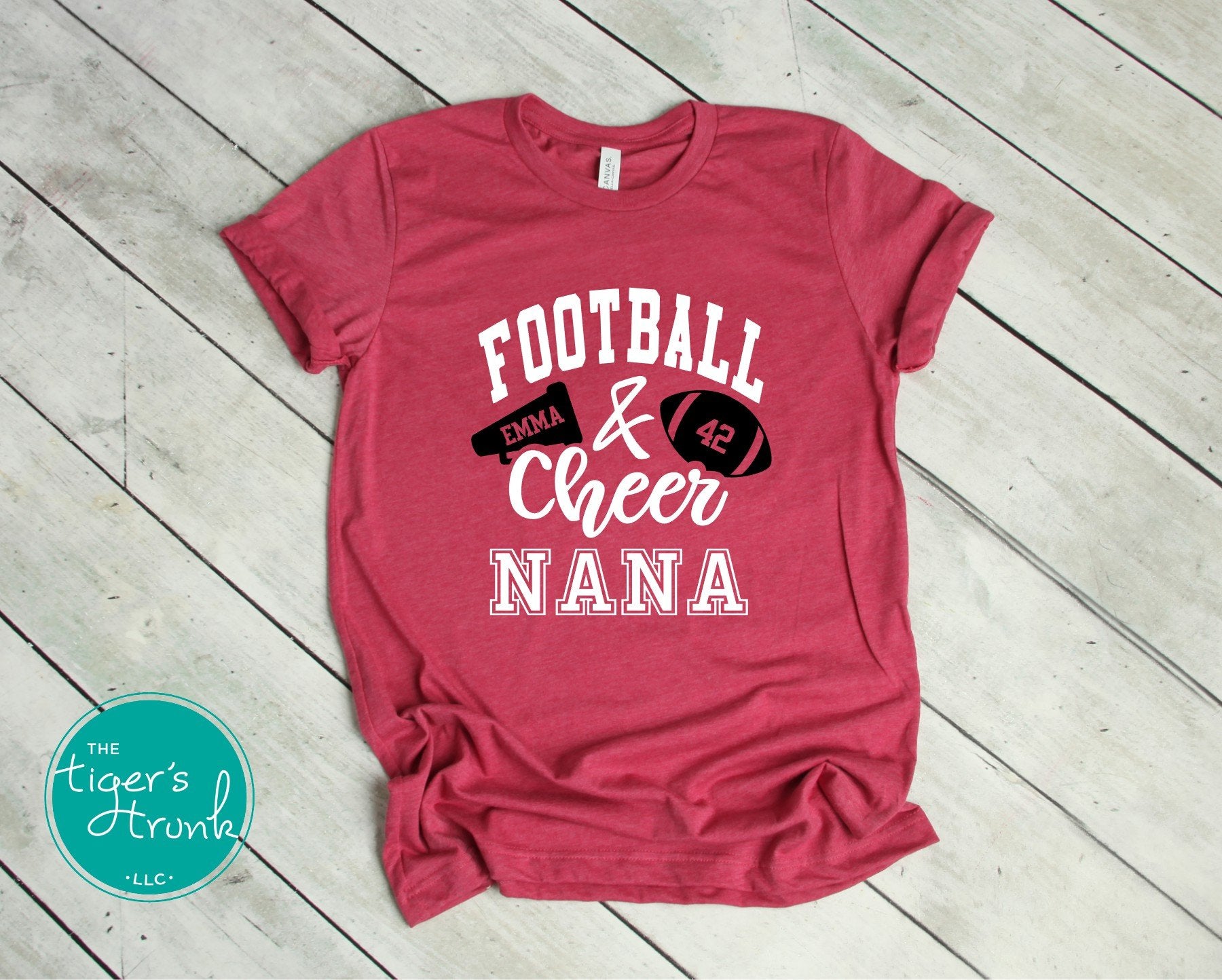 Football and Cheer Nana shirt with megaphone and football design, customized with grandparent nickname, school colors, and names
