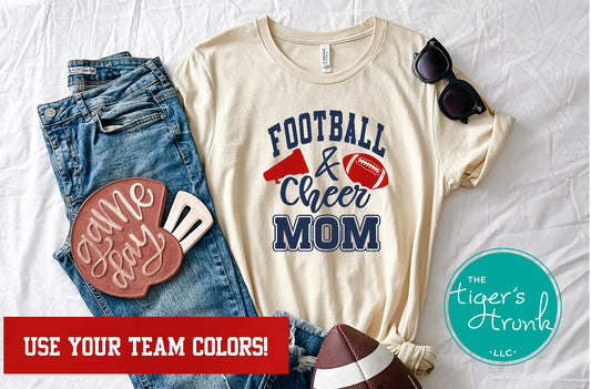 Football and Cheer Mom shirt with megaphone and football design, personalized with school colors and mascot, custom game day t-shirt for moms
