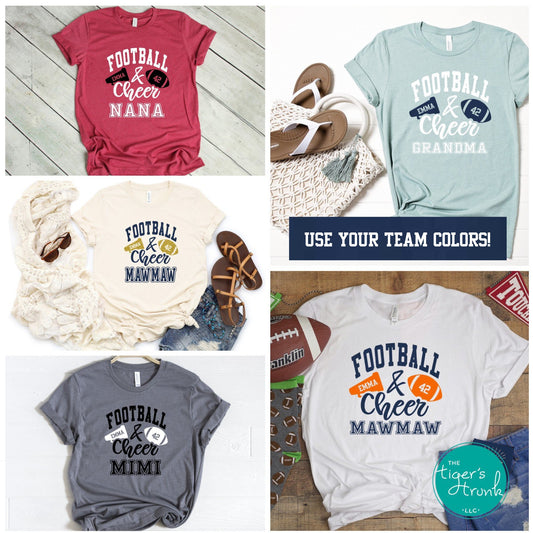 Football and Cheer grandparent shirt with megaphone and football design, customized with grandparent nickname, school colors, and names