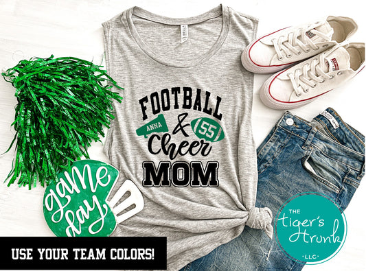 A gray muscle tank top with personalized text and graphics related to football and cheerleading, displayed alongside green pom poms and sneakers.